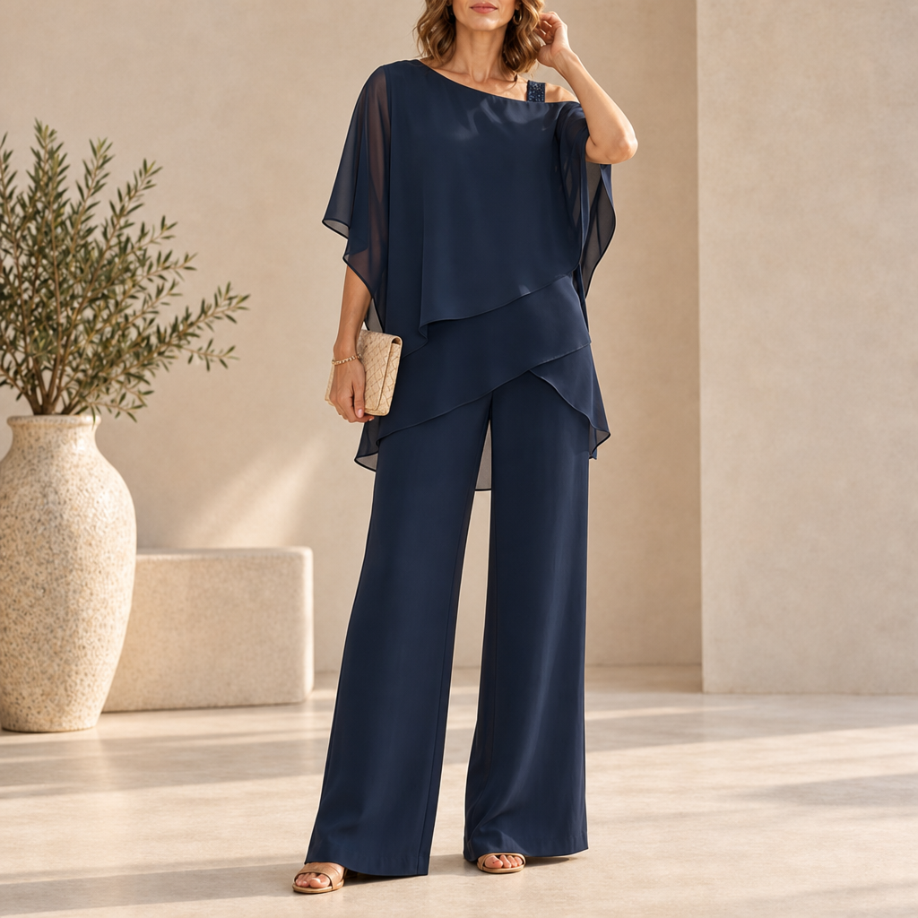 Amorgos Layered Chiffon Pant Set in Navy Blue