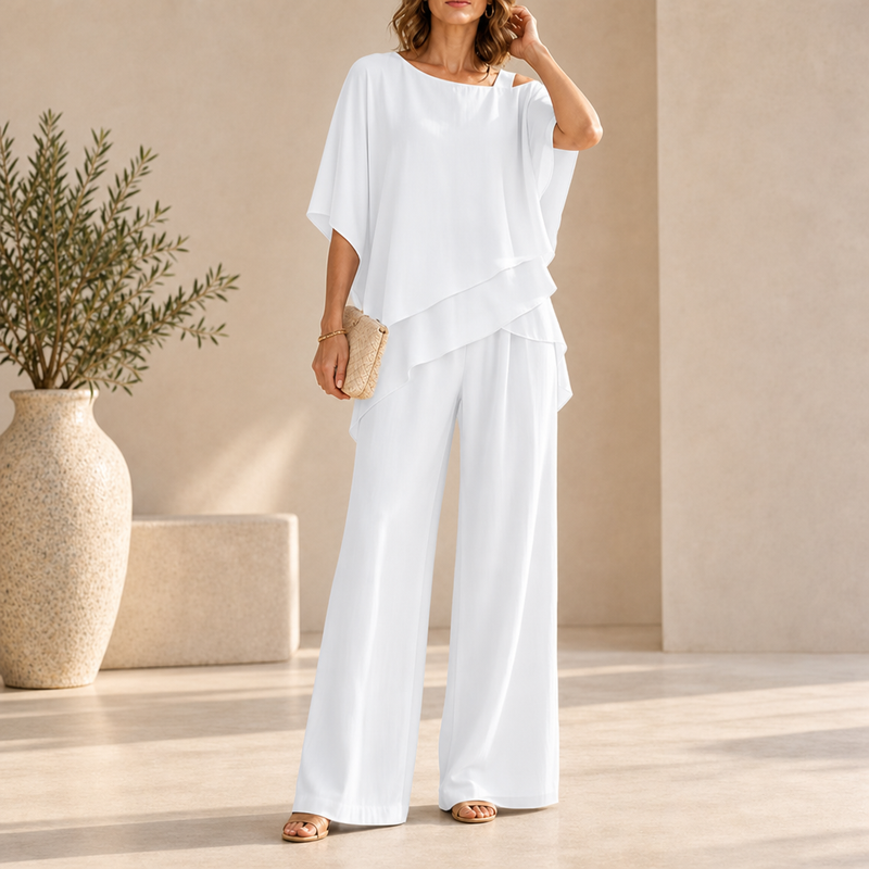 Amorgos Layered Chiffon Pant Set in White
