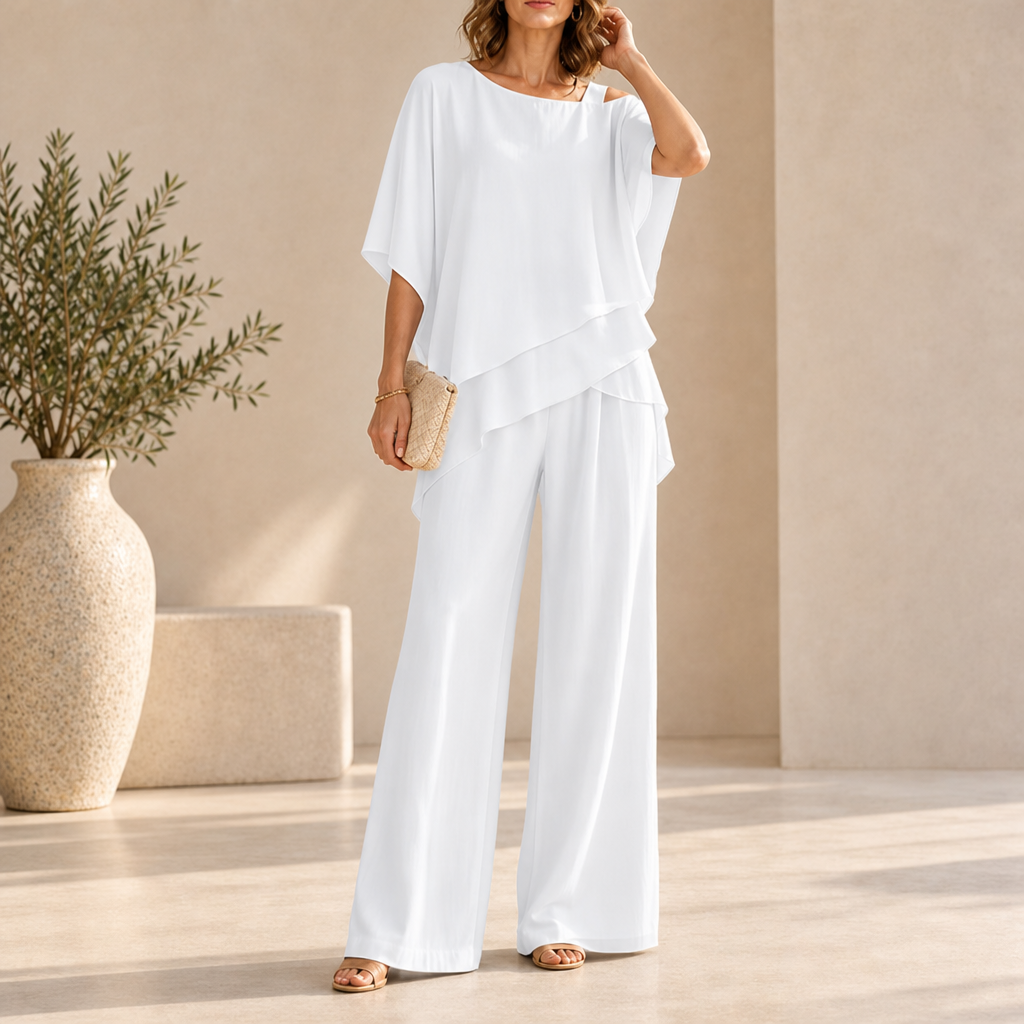 Amorgos Layered Chiffon Pant Set in White