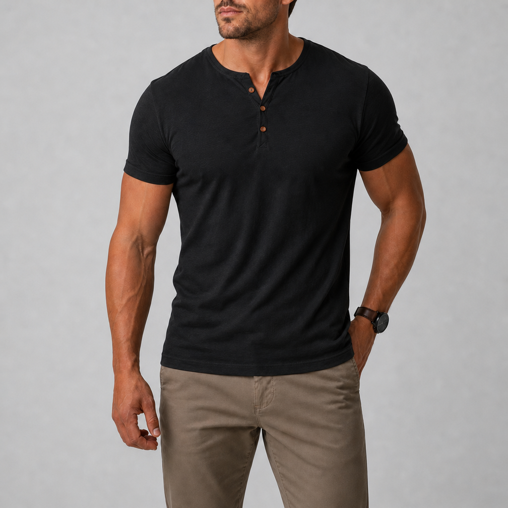 Andros Muscle Fit Henley Tee in Black