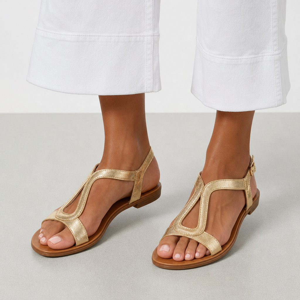 Anzio Orthopedic Metallic T-Strap Sandals in Gold