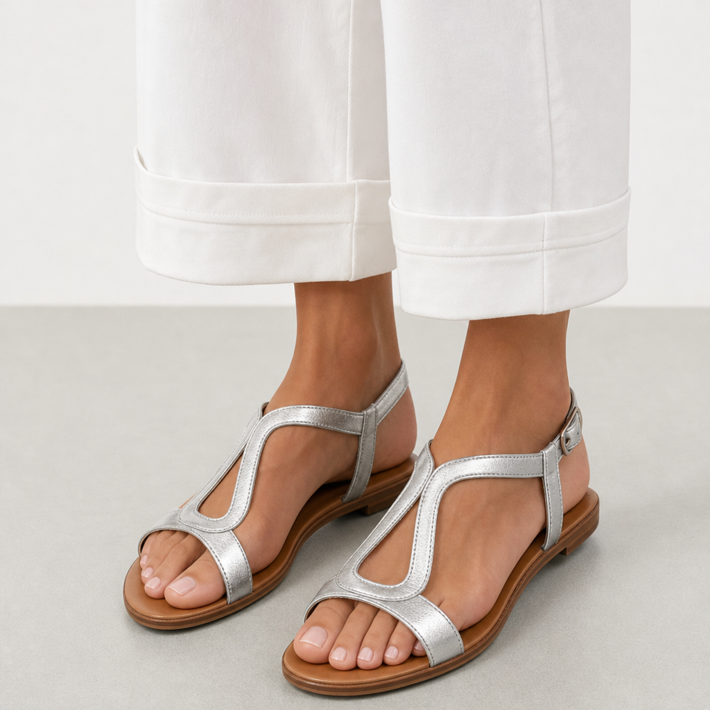 Anzio Orthopedic Metallic T-Strap Sandals in Silver