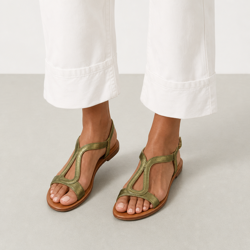 Anzio Orthopedic Metallic T-Strap Sandals in Green