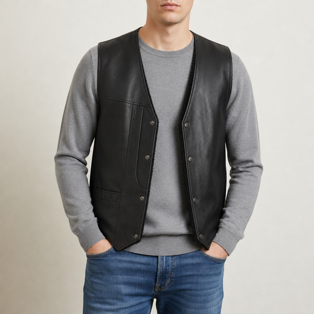 Assisi Fleece Lined Leather Vest in Black Lining