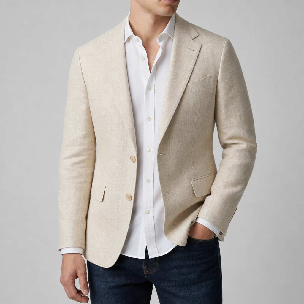 Aveiro Slim Fit Linen Blazer in Beige
