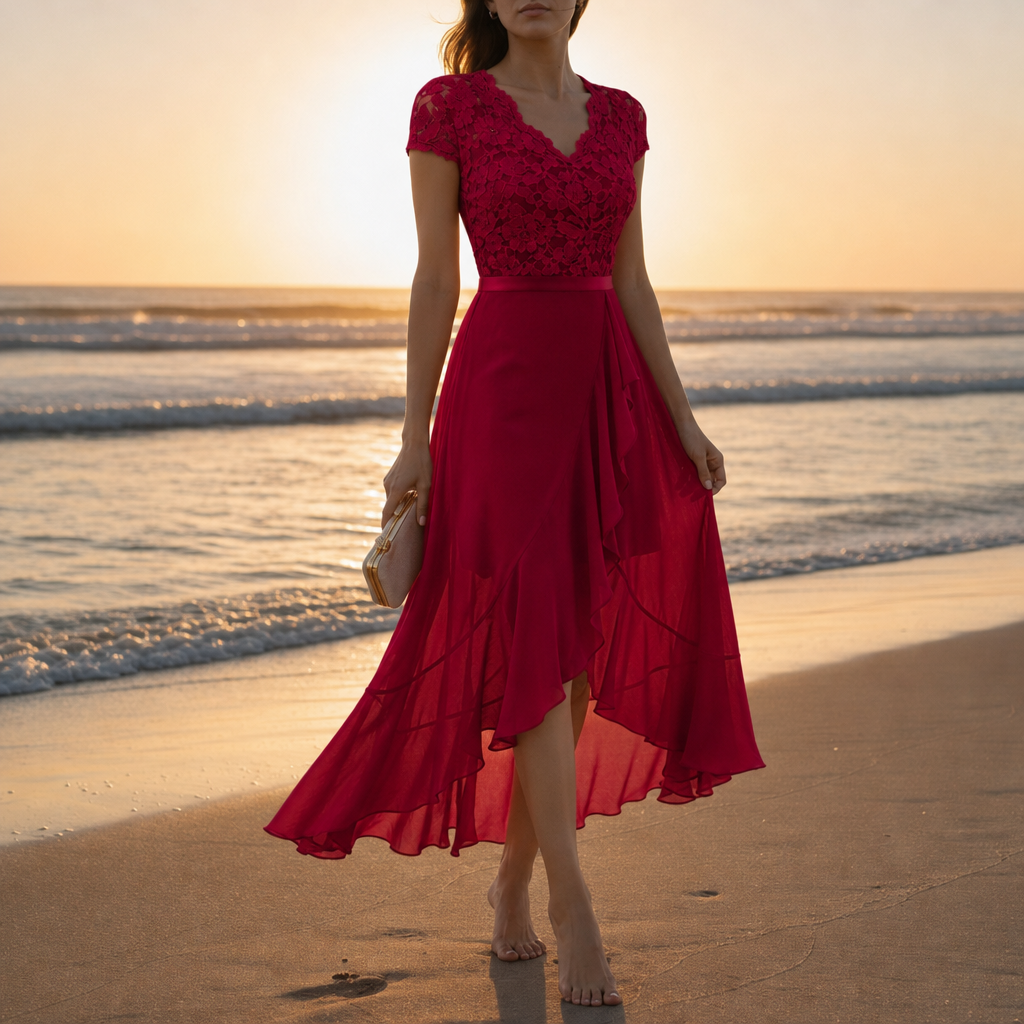 Avignon Lace V-Neck Midi Dress in Red