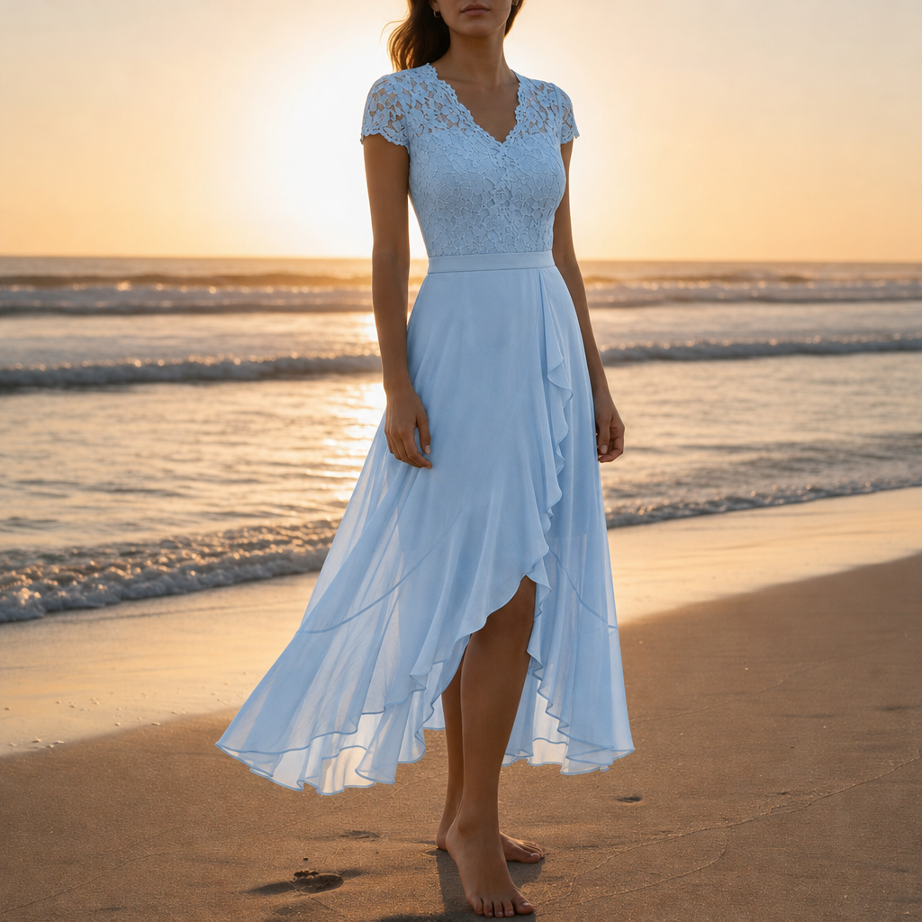Avignon Lace V-Neck Midi Dress in Light Blue
