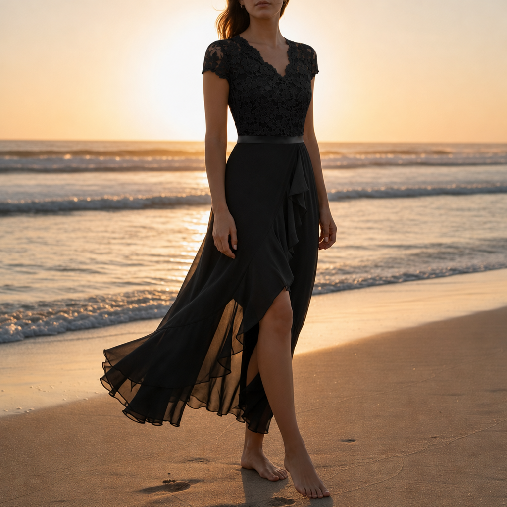 Avignon Lace V-Neck Midi Dress in Black