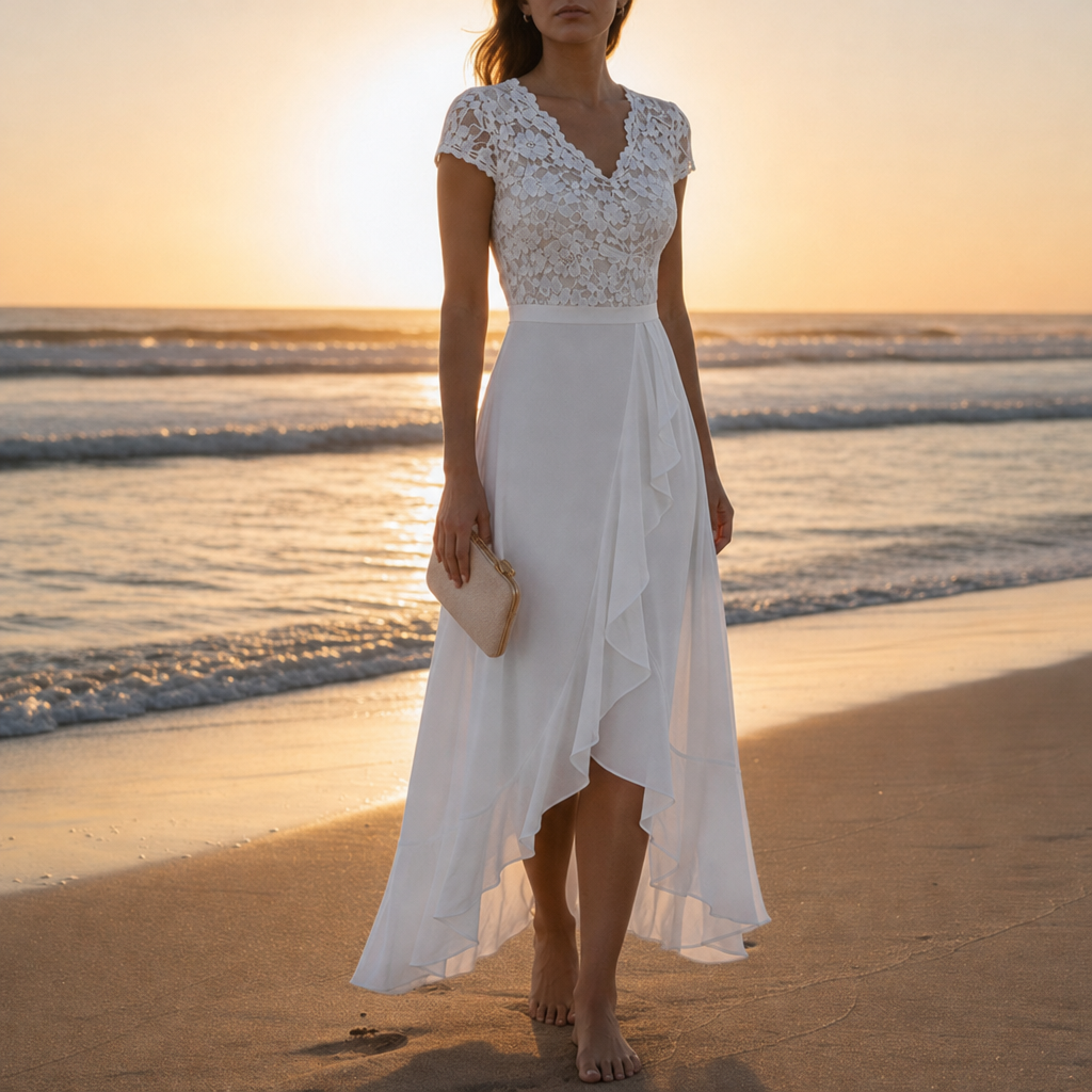 Avignon Lace V-Neck Midi Dress in White