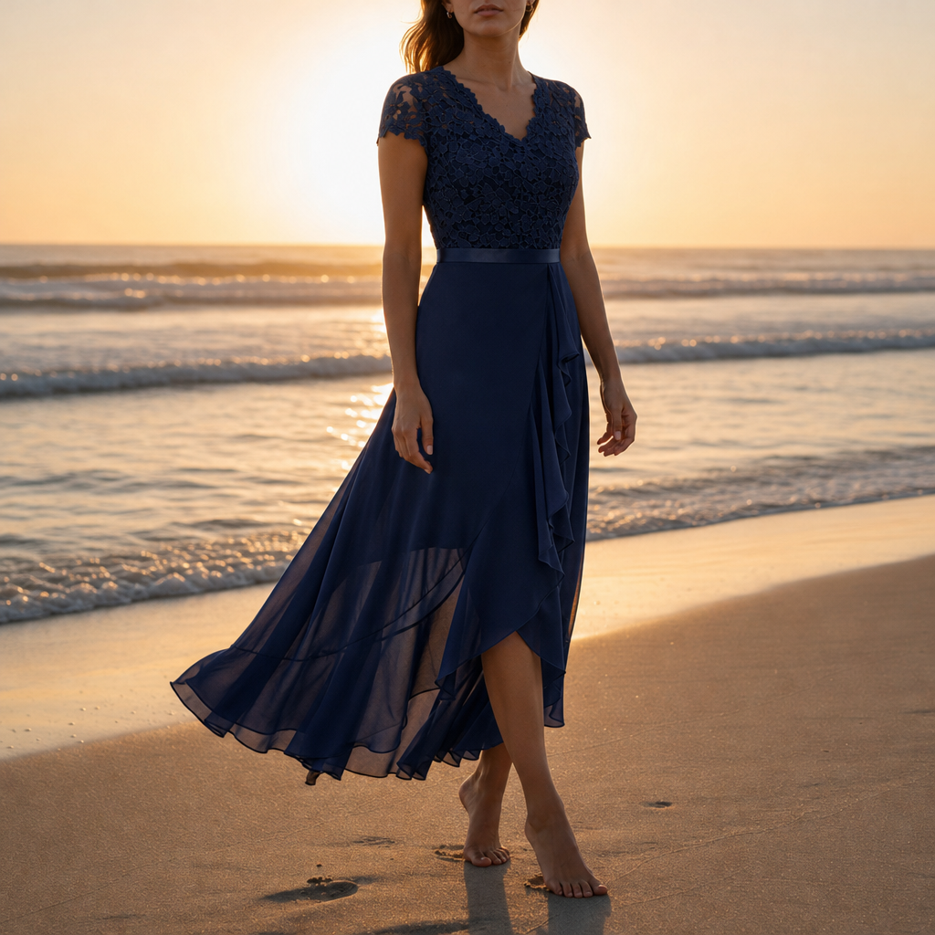 Avignon Lace V-Neck Midi Dress in Navy