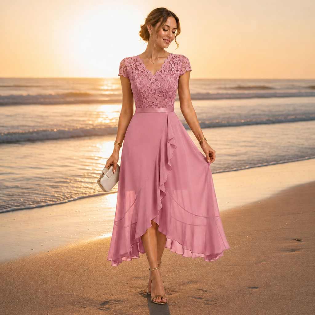 Avignon Lace V-Neck Midi Dress in Pink