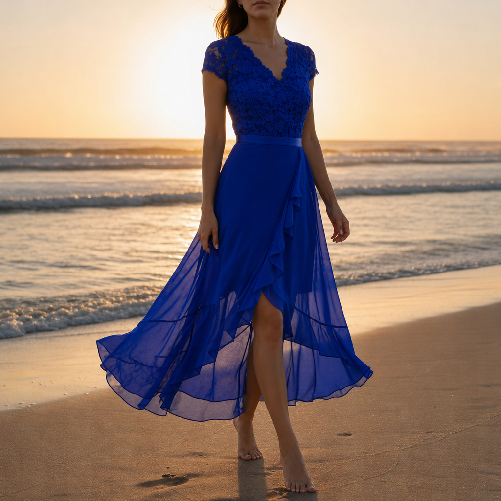 Avignon Lace V-Neck Midi Dress in Royal Blue