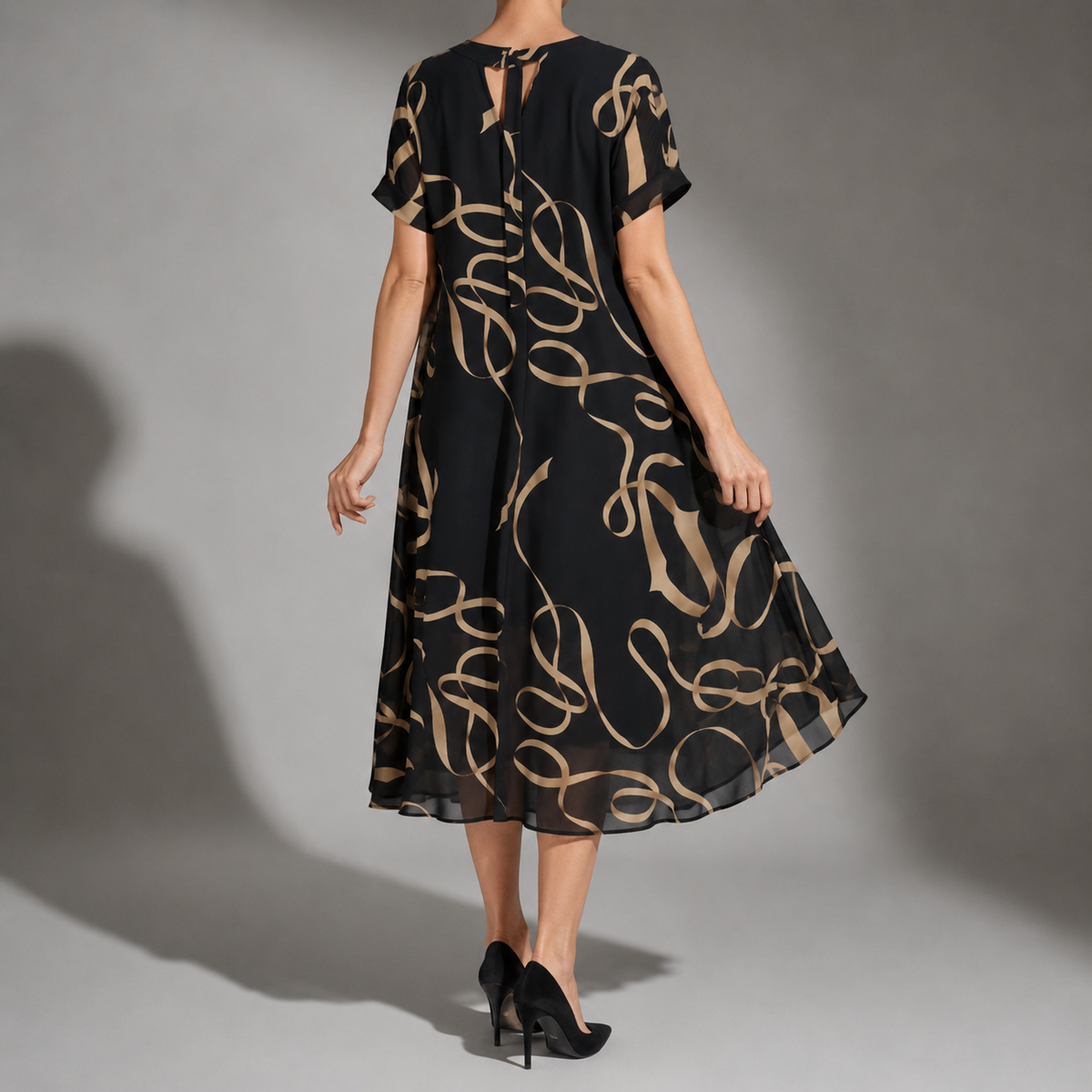 Calpe Gold Print Chiffon Midi Dress