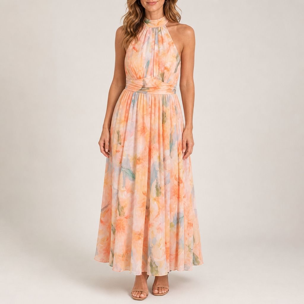 Bellagio Floral Halter Maxi Dress in Peach