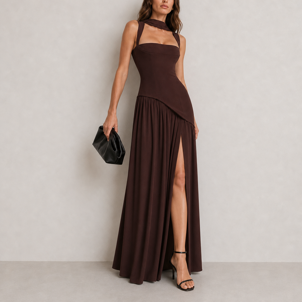 Bergamo One-Shoulder Maxi Dress in Brown