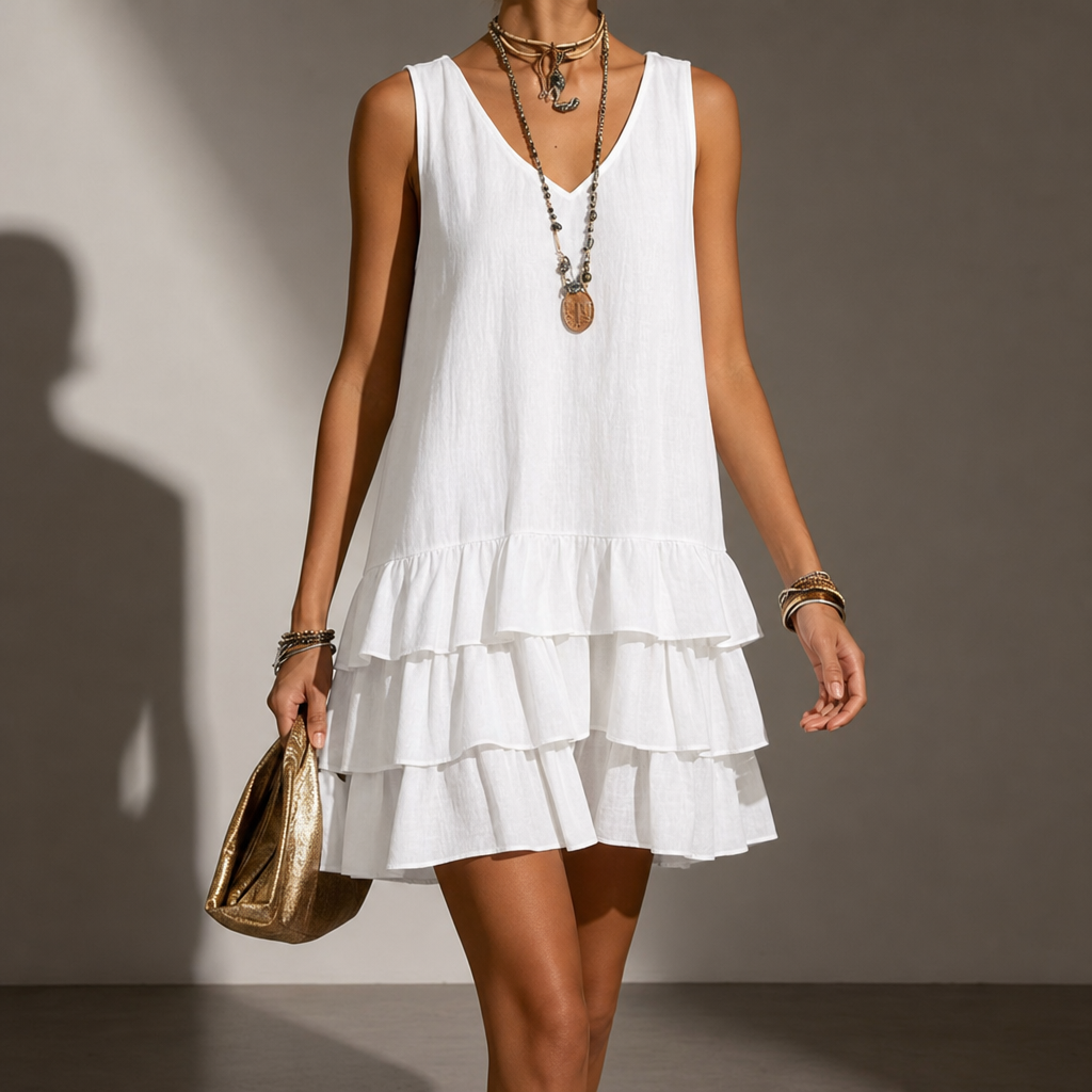 Beziers Tiered Ruffle Mini Dress in White