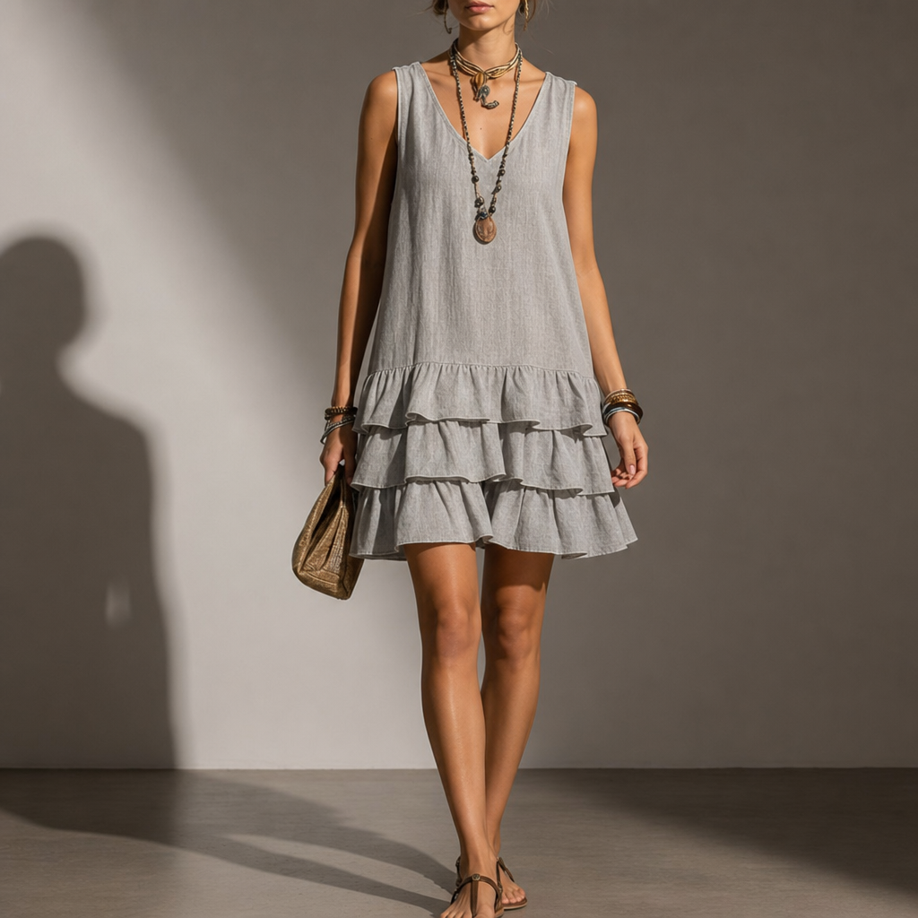 Beziers Tiered Ruffle Mini Dress in Grey