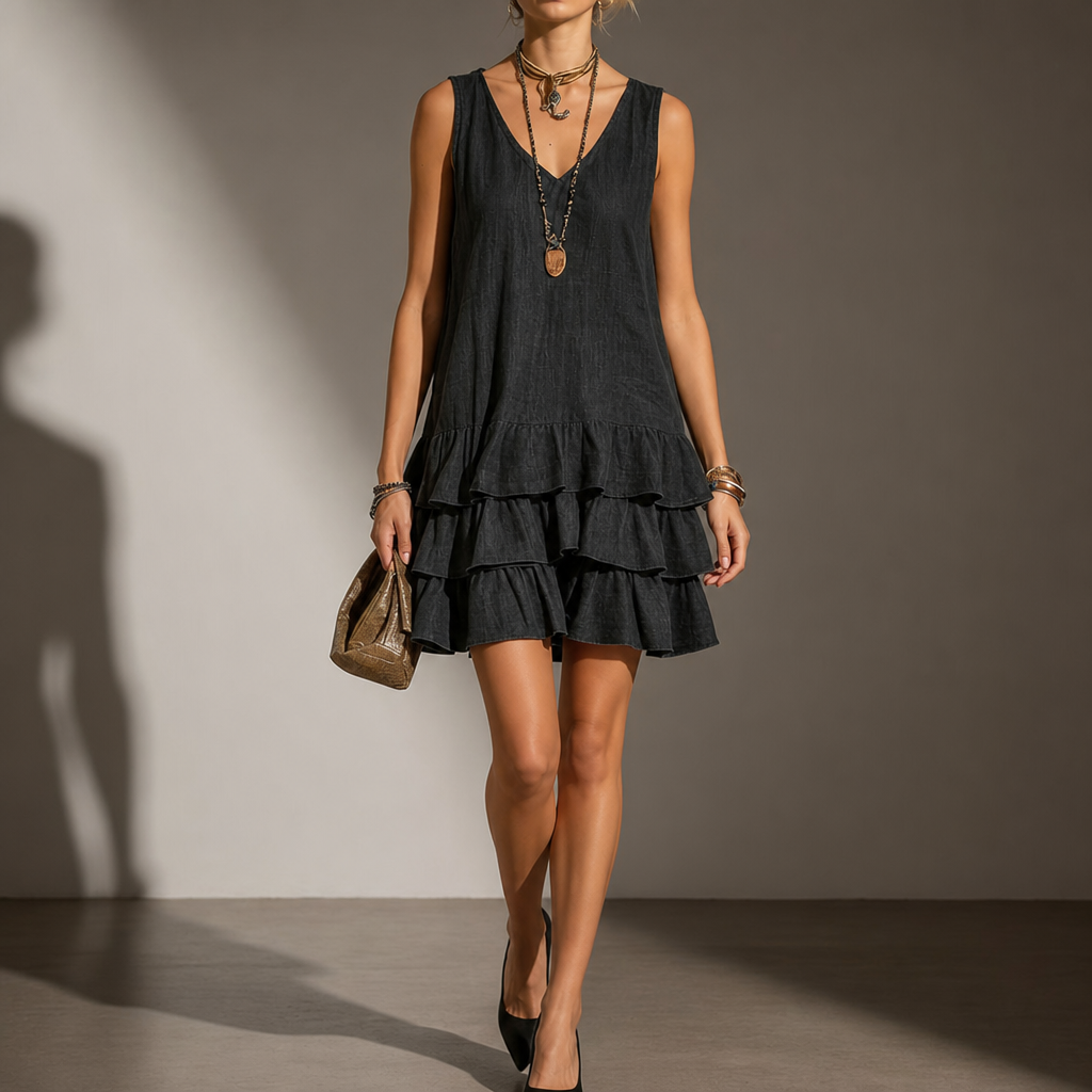 Beziers Tiered Ruffle Mini Dress in Black
