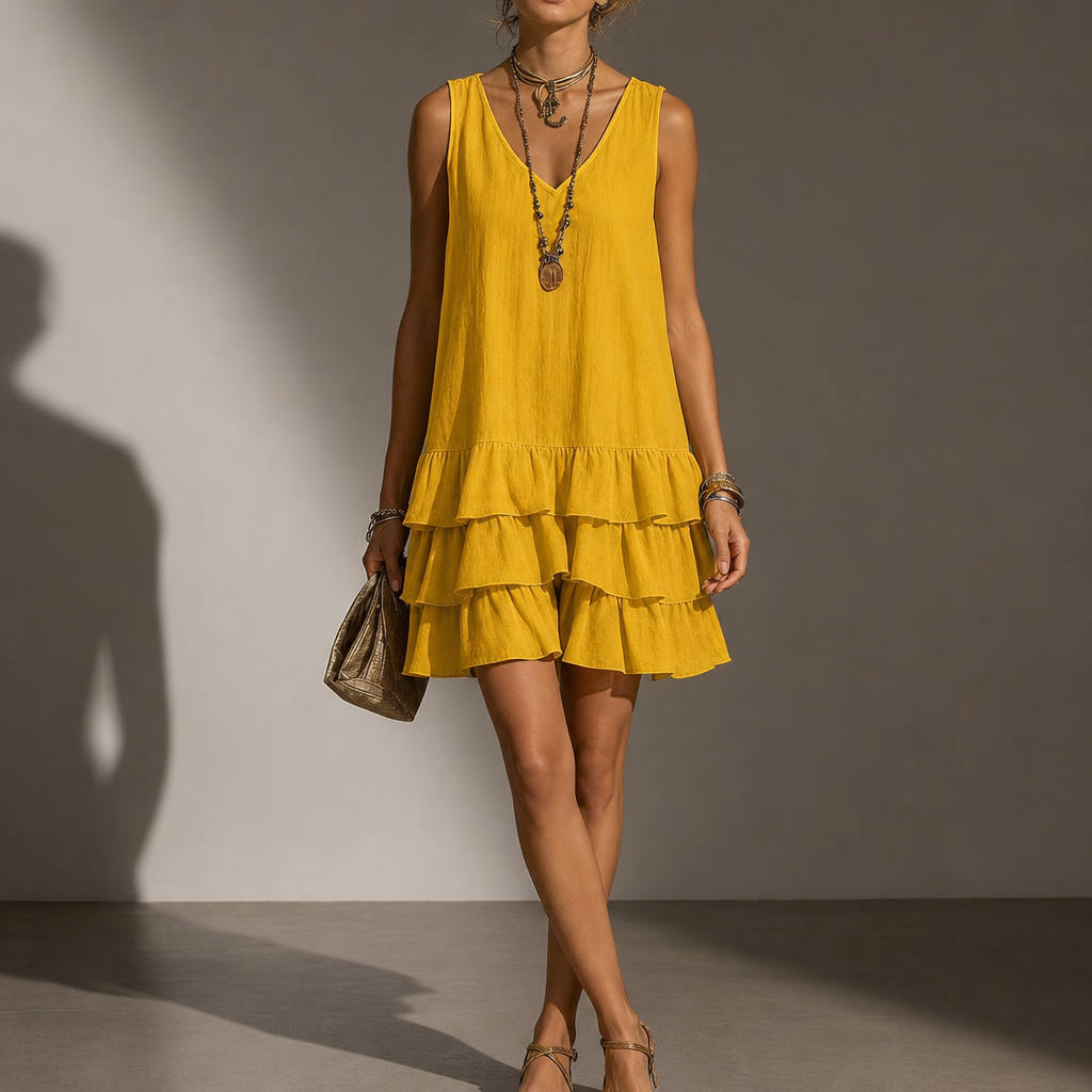 Beziers Tiered Ruffle Mini Dress in Yellow