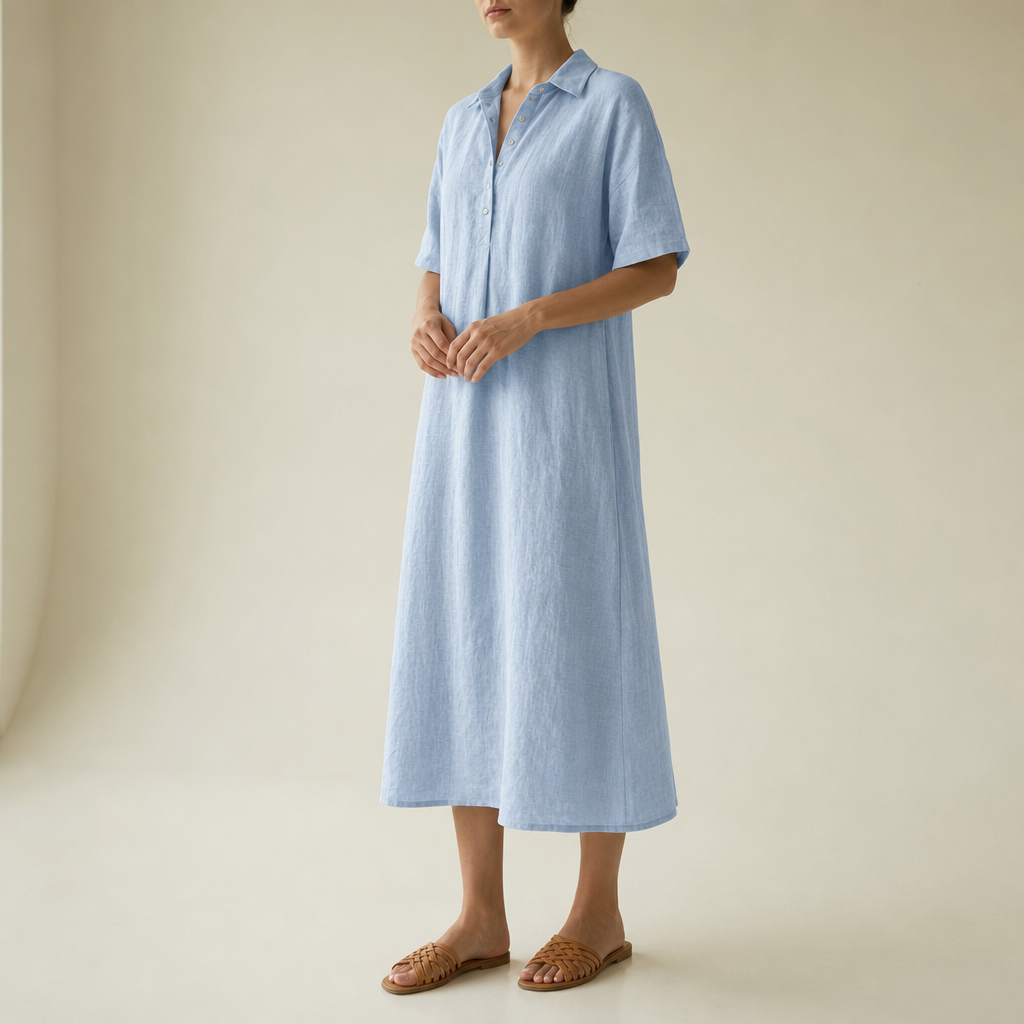 Bilbao Linen Polo Midi Dress in LightBlue