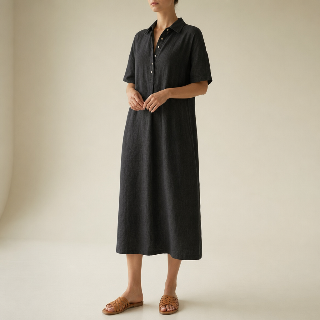 Bilbao Linen Polo Midi Dress in Black