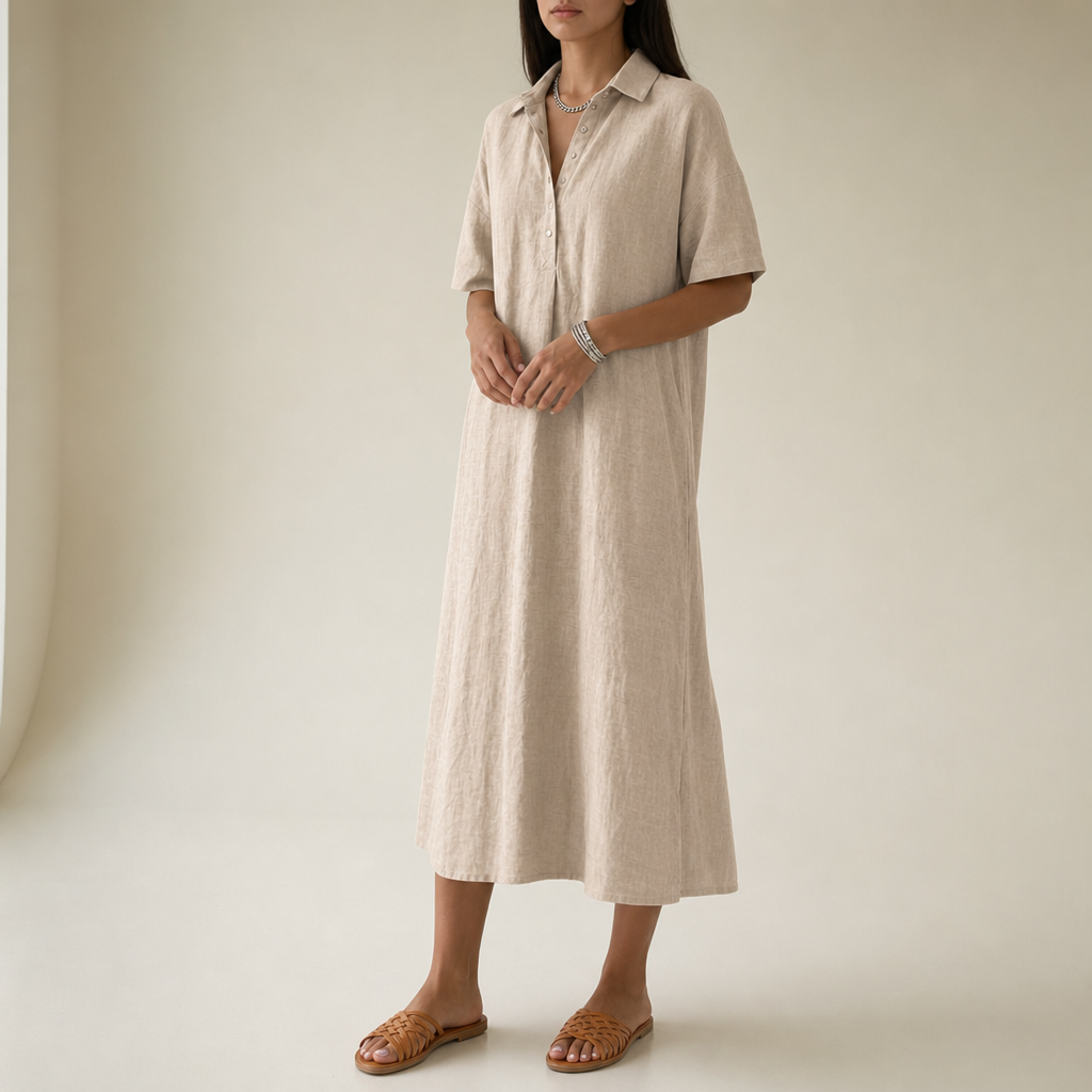 Bilbao Linen Polo Midi Dress in Sand