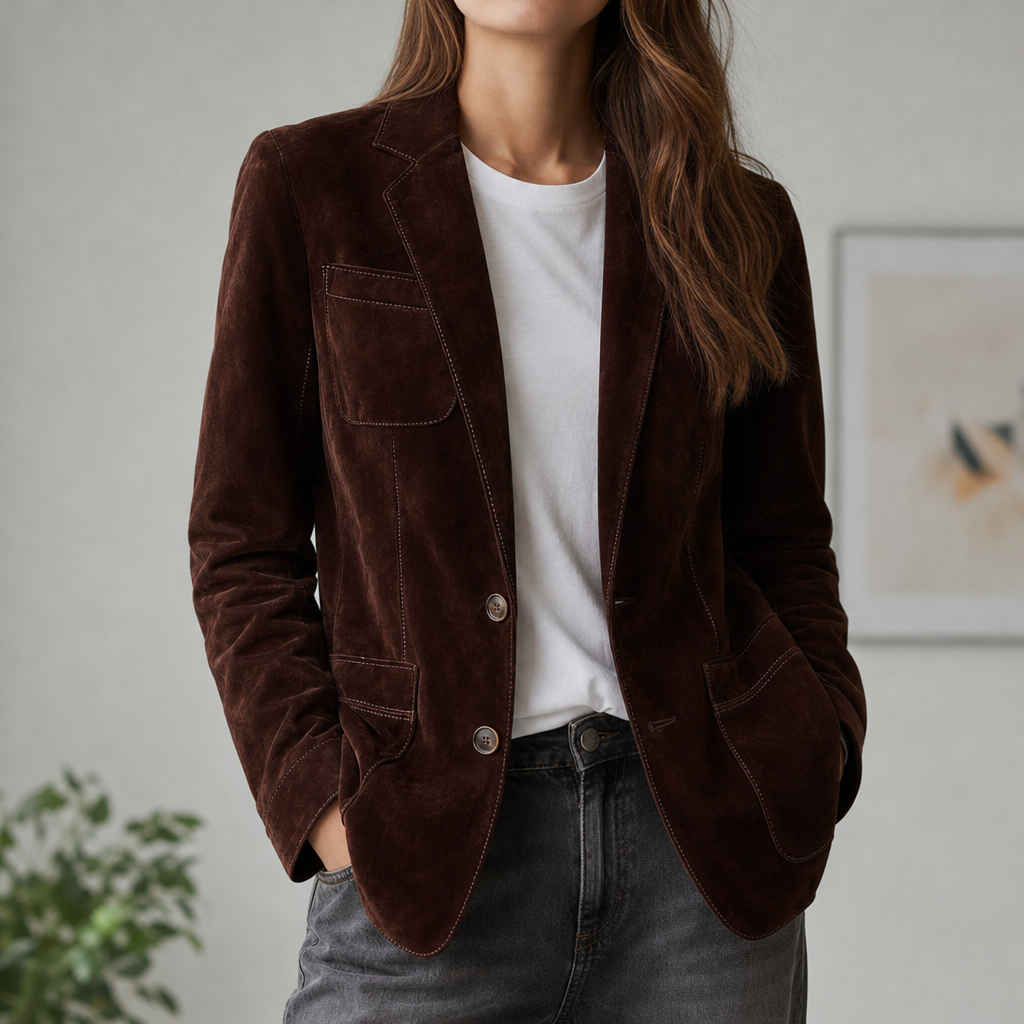 Biot Suede Button-Front Blazer in Dark Brown