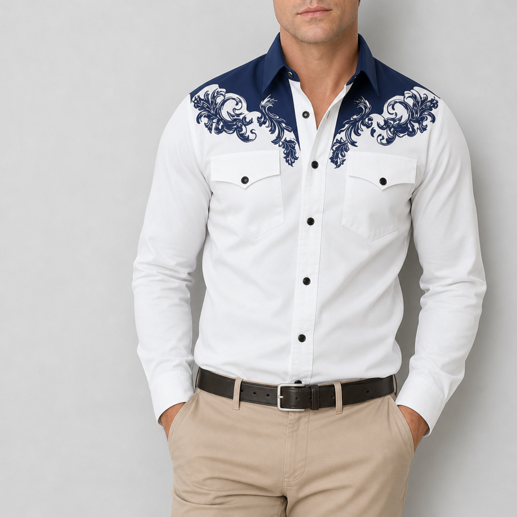 Carvoeiro Western Embroidered Shirt in Blue