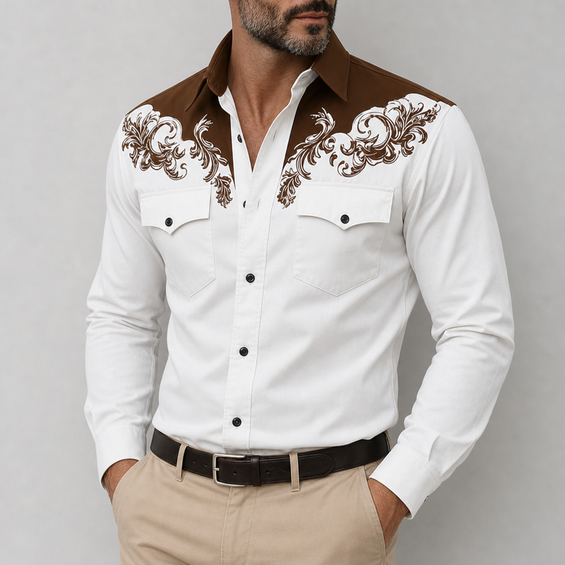 Carvoeiro Western Embroidered Shirt in Brown