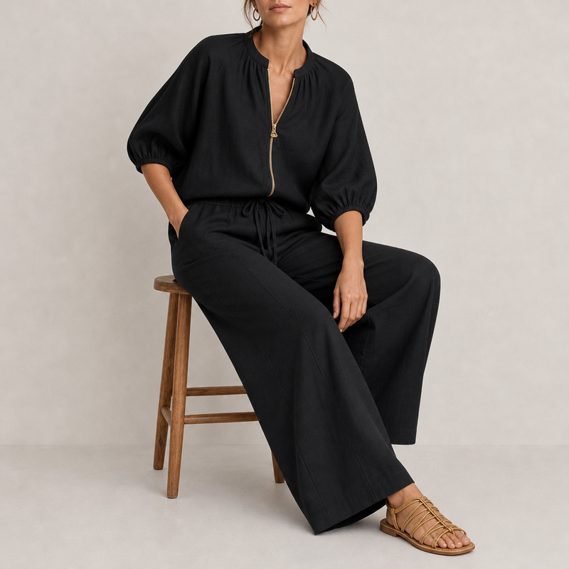 Cavtat Linen Zip Front Set in Black