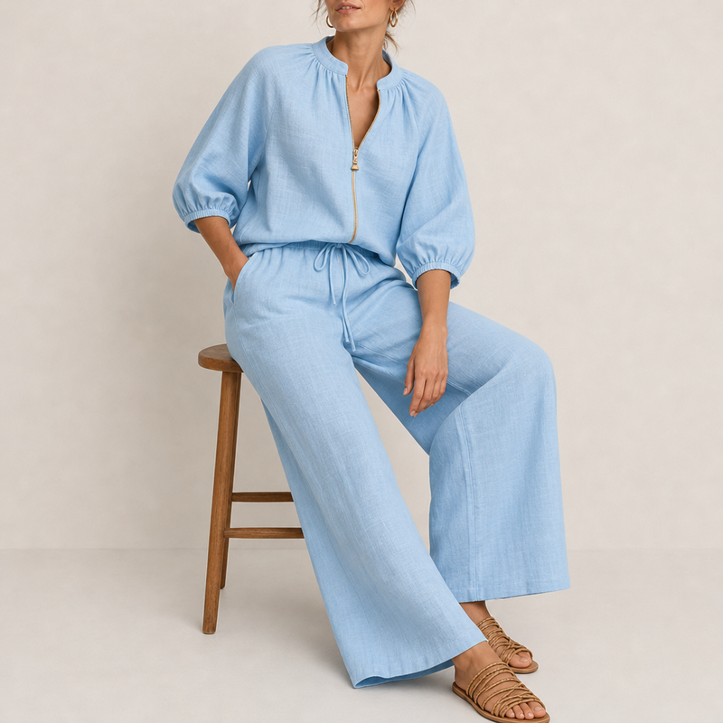 Cavtat Linen Zip Front Set in Blue