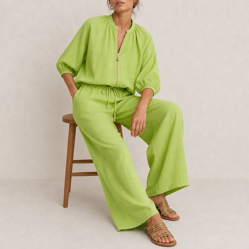 Cavtat Linen Zip Front Set in Green