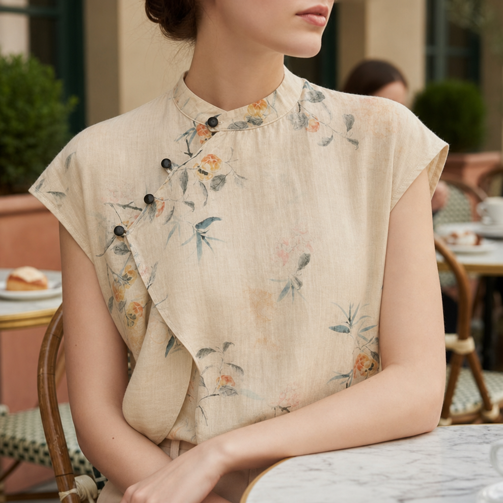 Chios Floral Linen Blouse in Beige