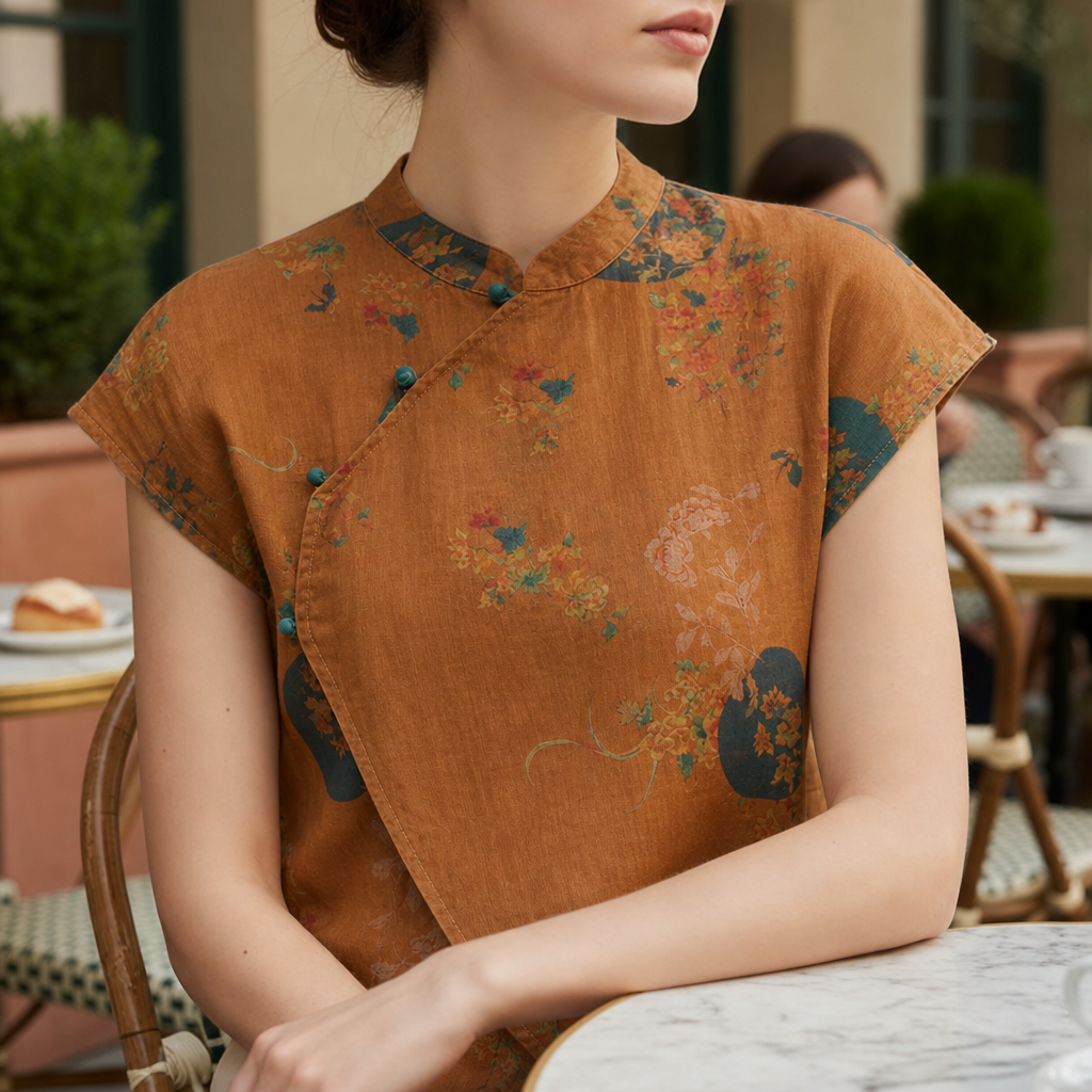 Chios Floral Linen Blouse in Brown