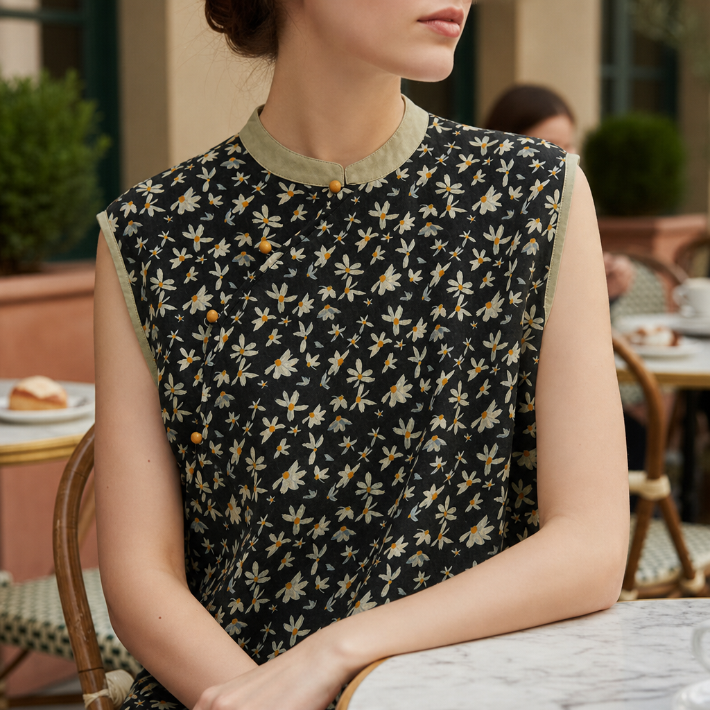 Chios Floral Linen Blouse in Black
