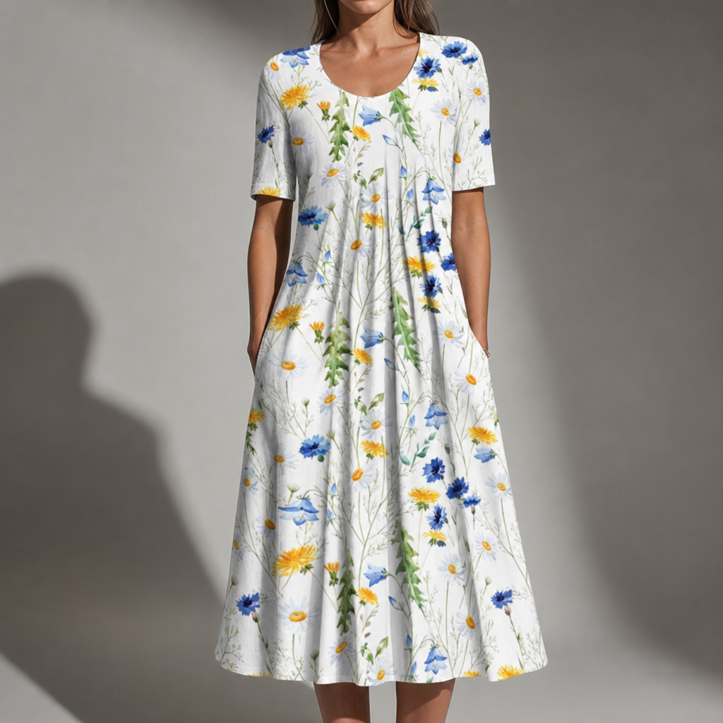 Coimbra Floral Print Midi Dress in Yellow Flowers