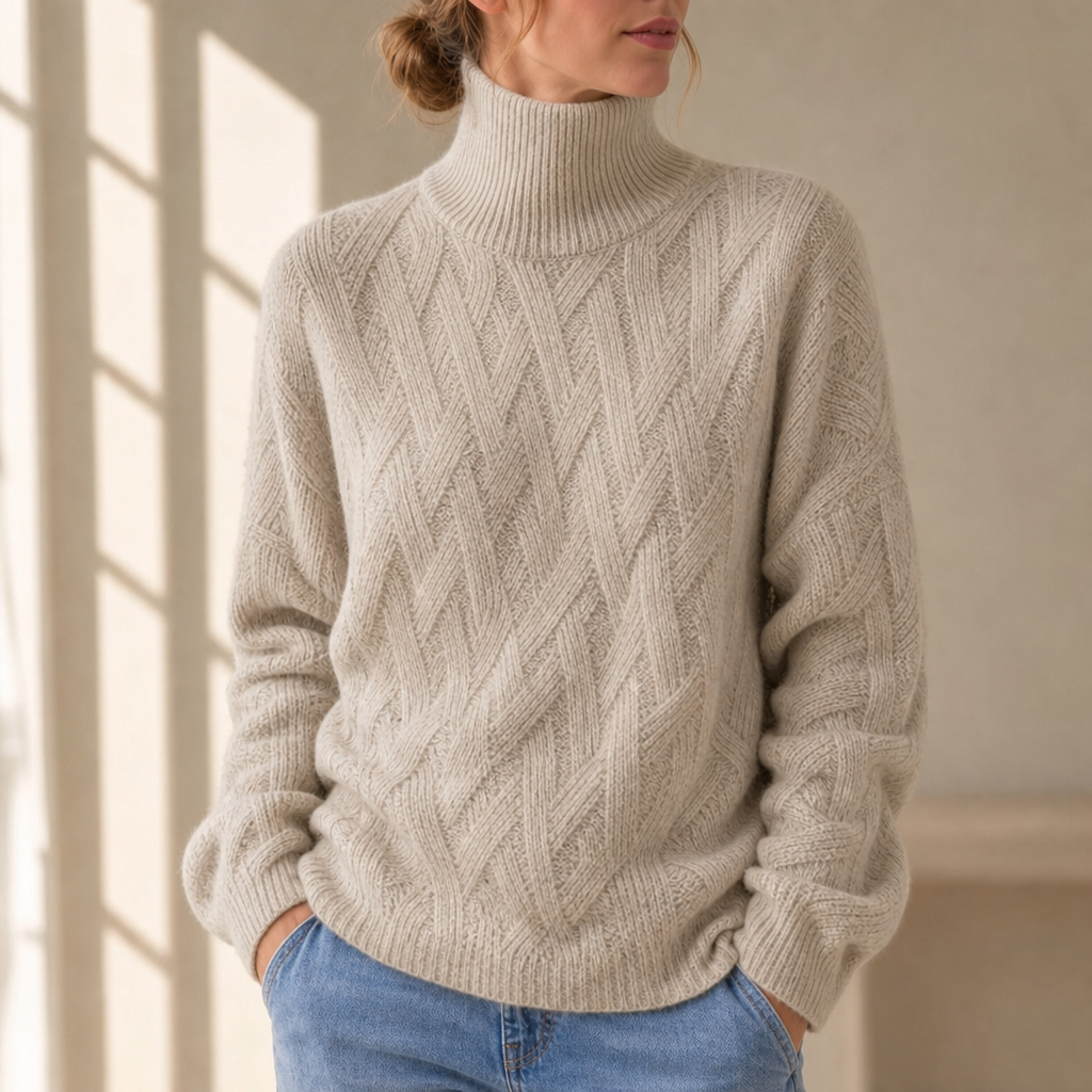 Cortona Cable Knit Turtleneck Sweater in Beige