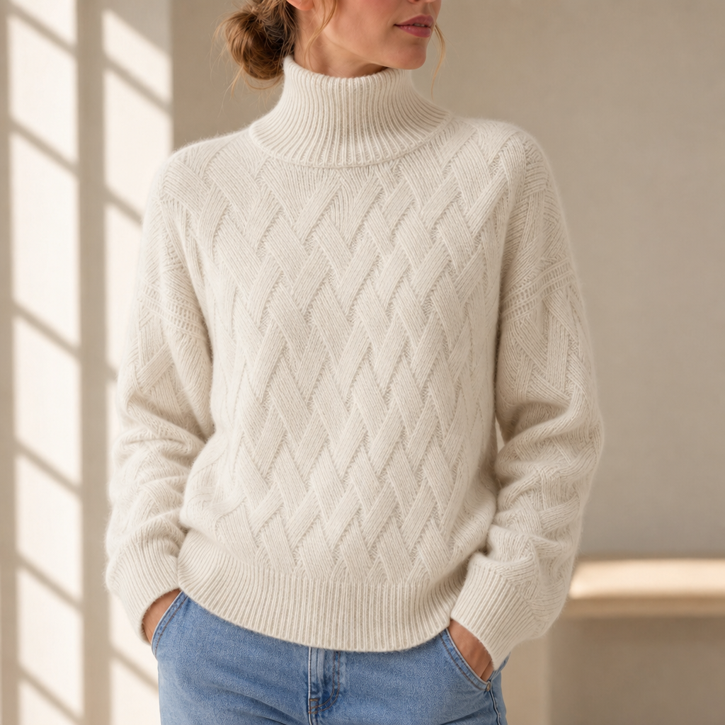 Cortona Cable Knit Turtleneck Sweater in Cream