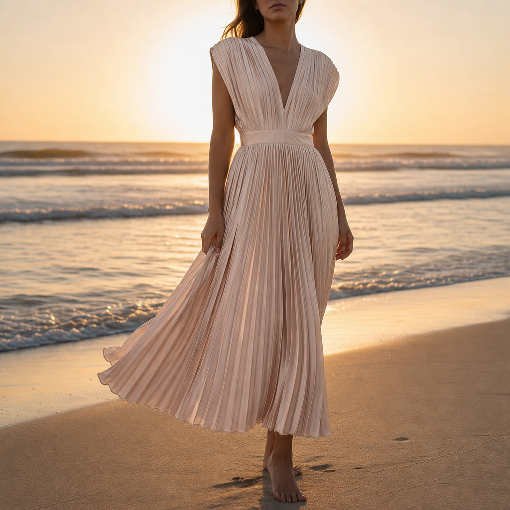 Deia Pleated V-Neck Midi Dress in Champagne