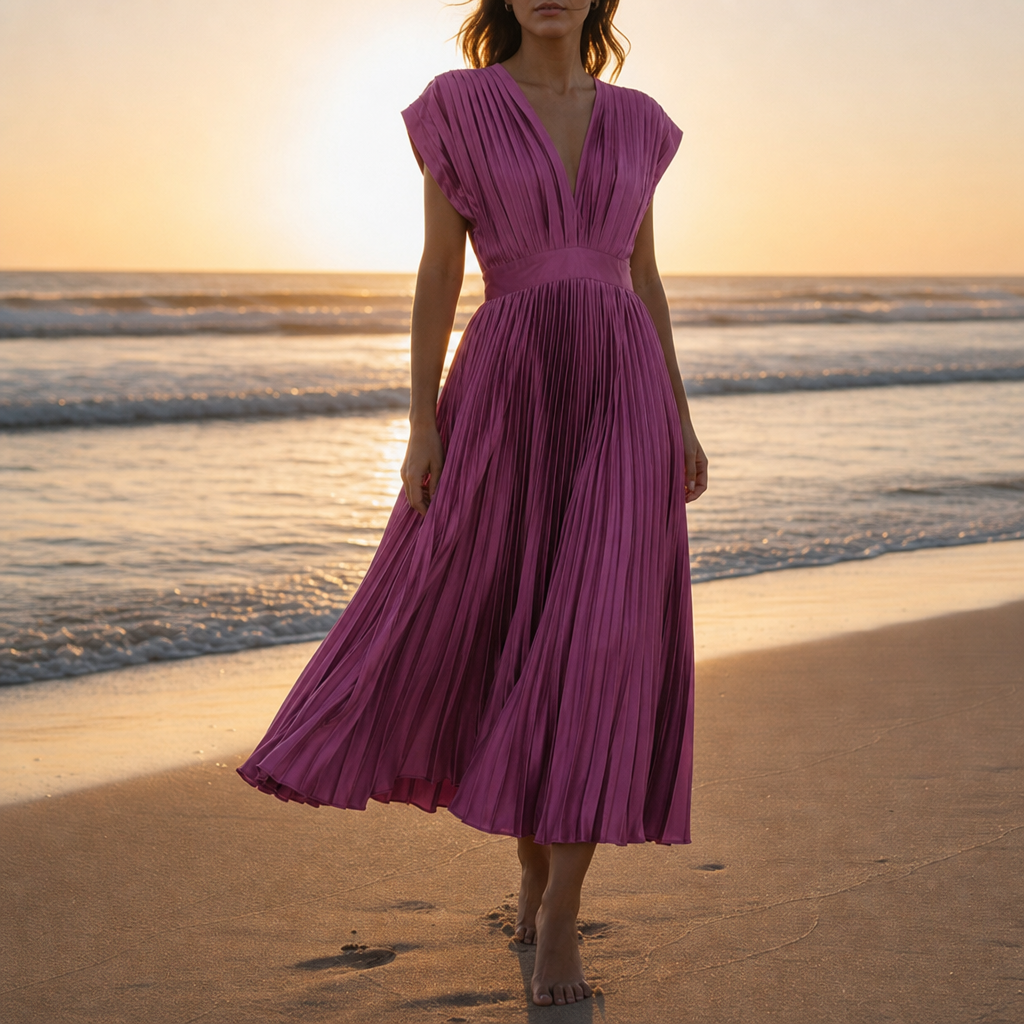 Deia Pleated V-Neck Midi Dress in Plum
