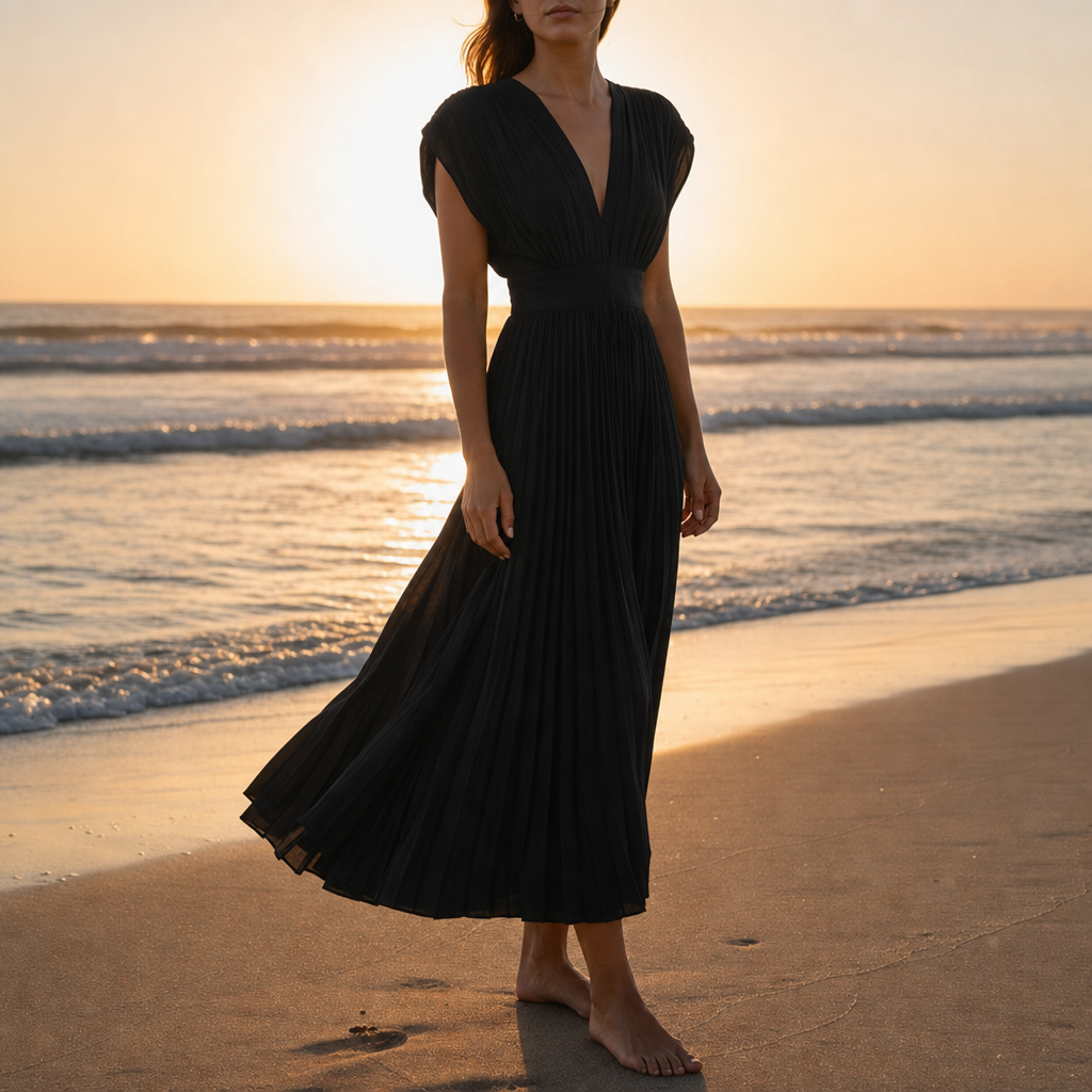 Deia Pleated V-Neck Midi Dress in Black
