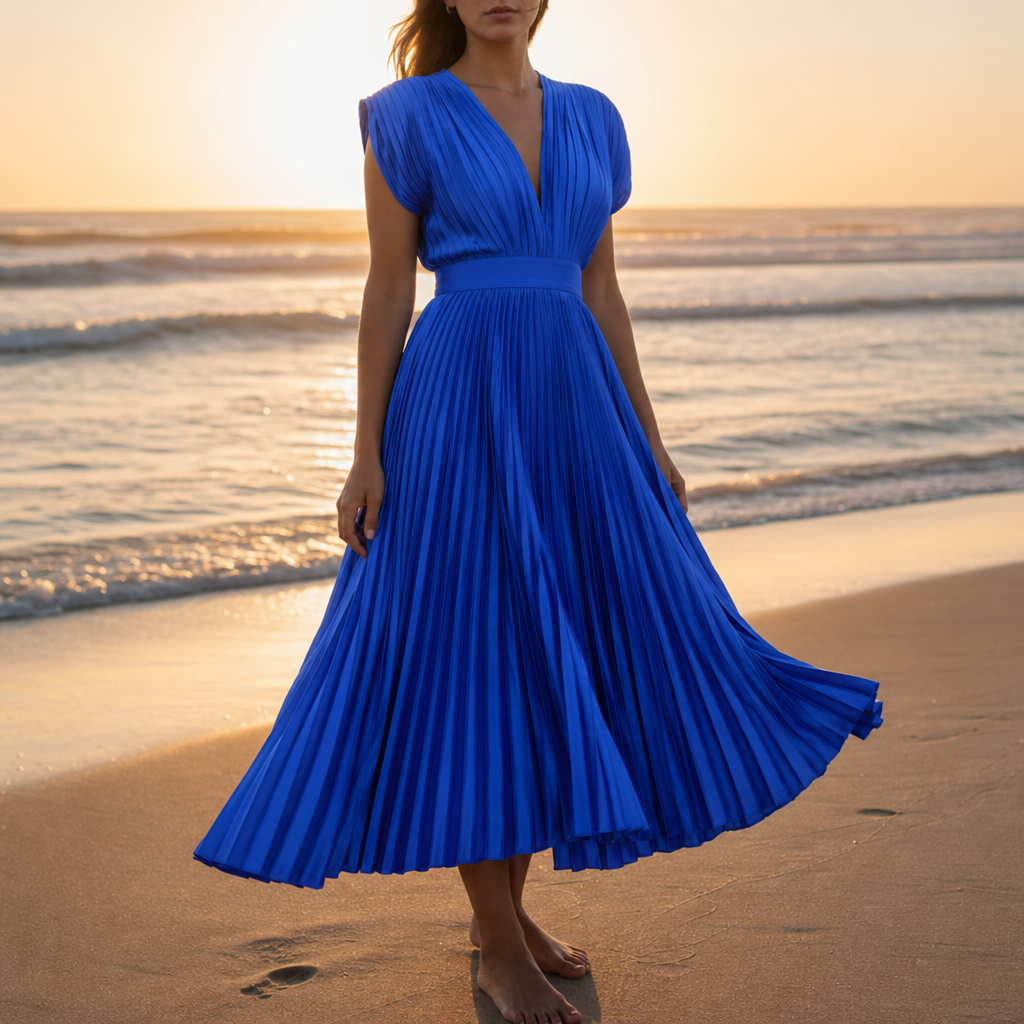 Deia Pleated V-Neck Midi Dress in Blue