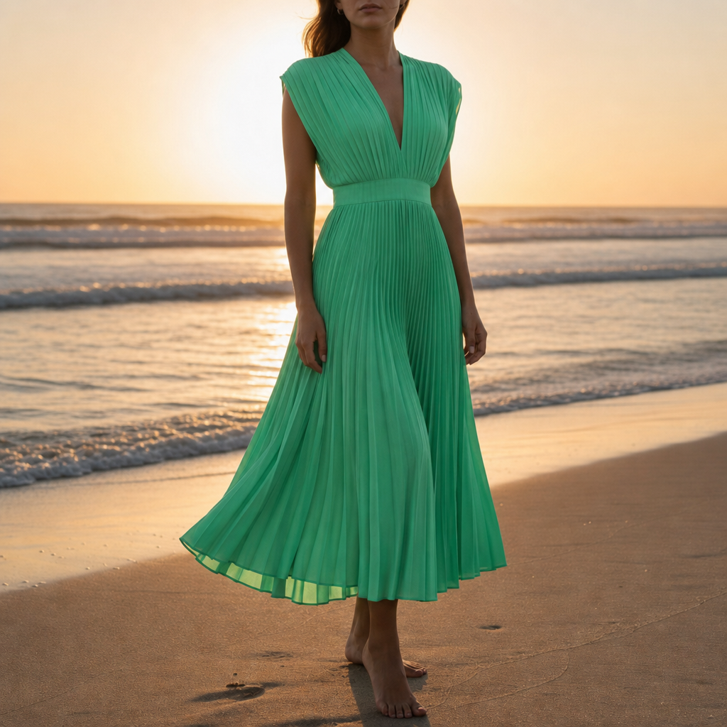 Deia Pleated V-Neck Midi Dress in Green