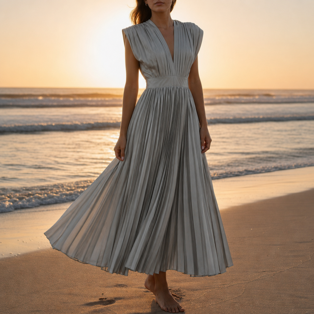 Deia Pleated V-Neck Midi Dress in Silver