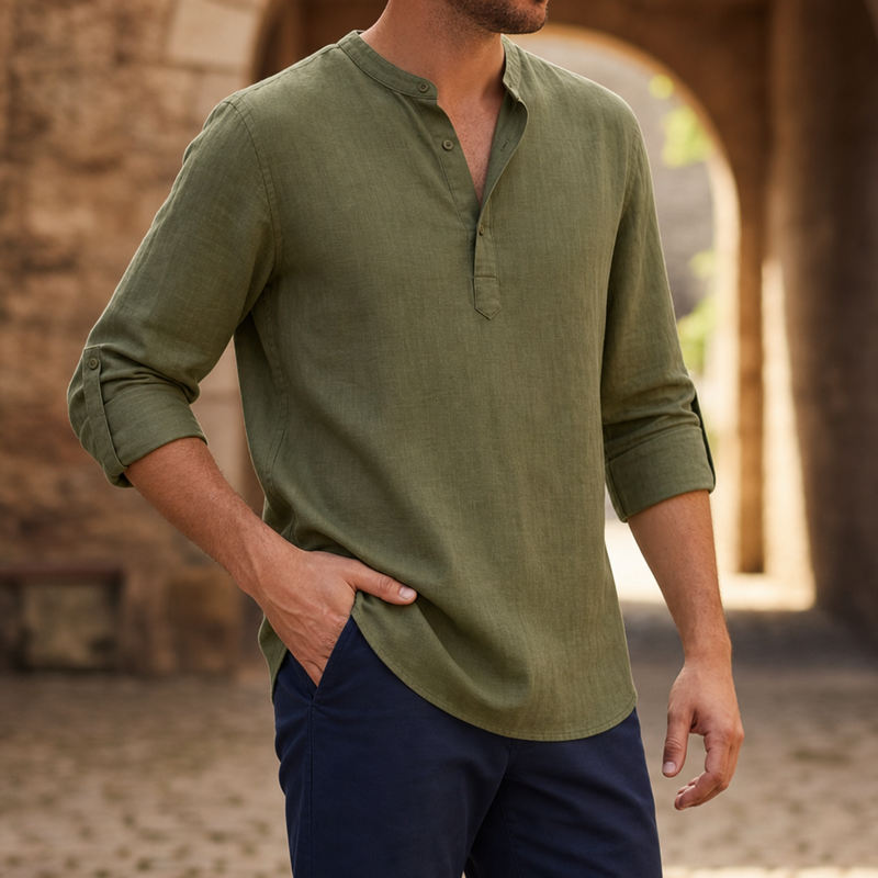 Elounda Linen Henley Shirt in Army Green