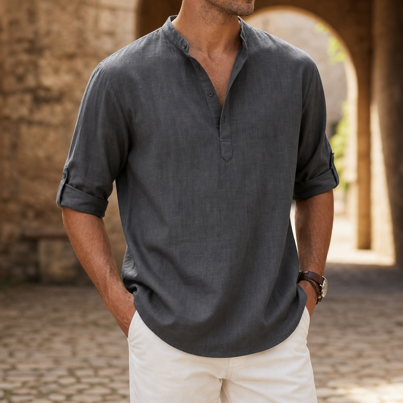 Elounda Linen Henley Shirt in Dark Gray