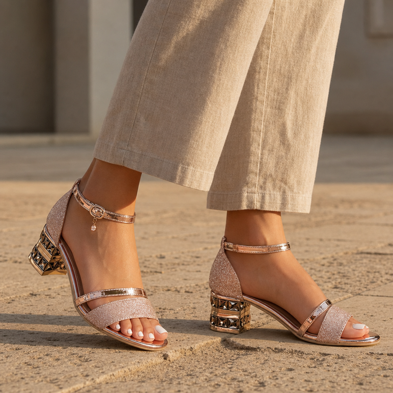 Estepona Orthopedic Gold Block Heel Sandals in Rose gold (Almost sold out)