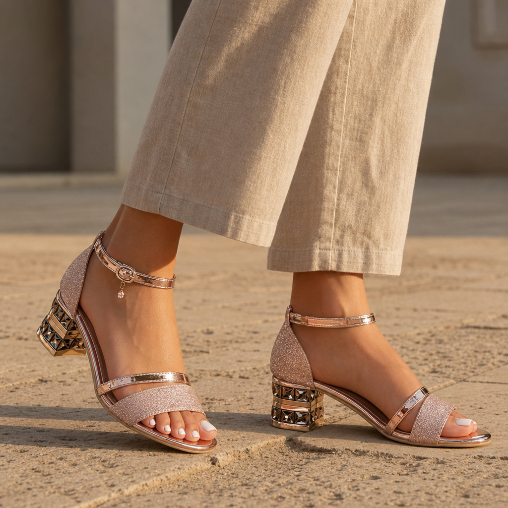 Estepona Orthopedic Gold Block Heel Sandals in Rose gold (Almost sold out)