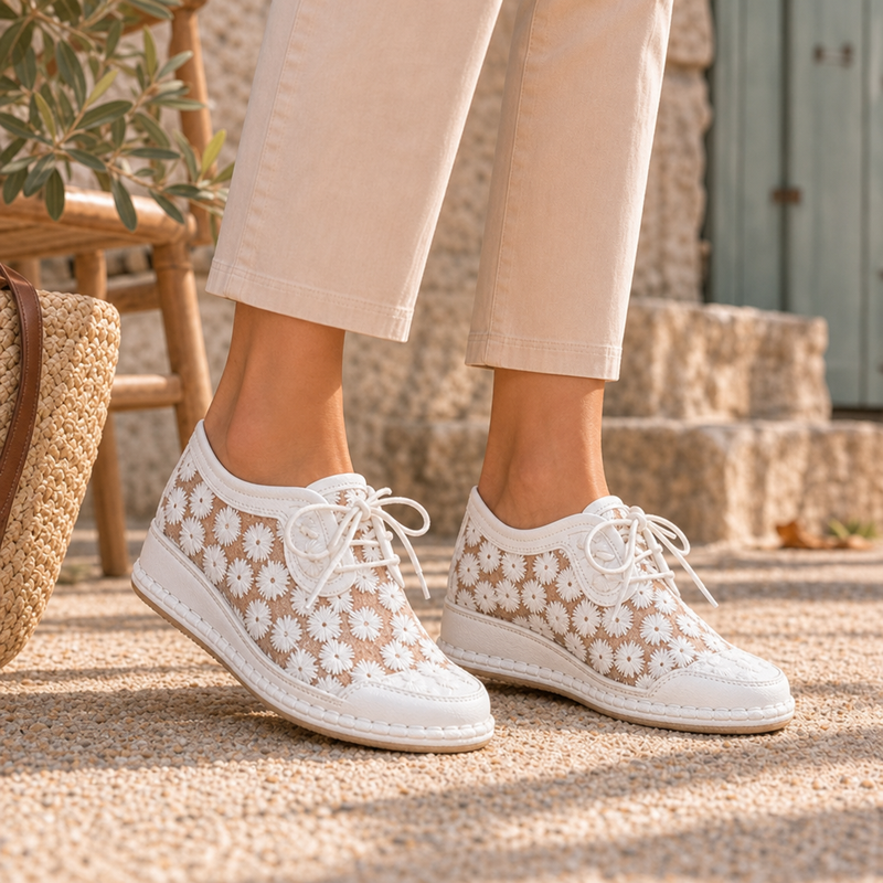 Evora Orthopedic Floral Lace Sneakers in White