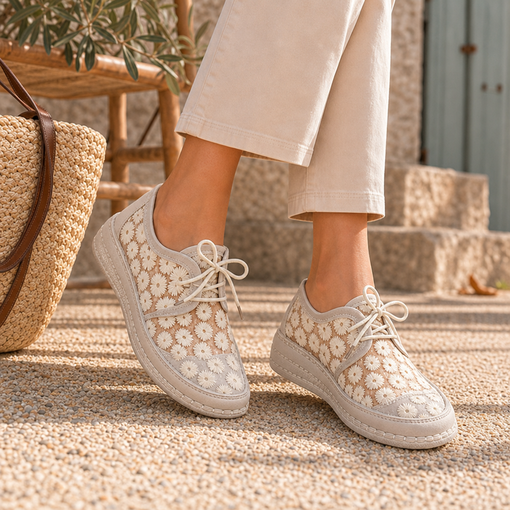 Evora Orthopedic Floral Lace Sneakers in Beige